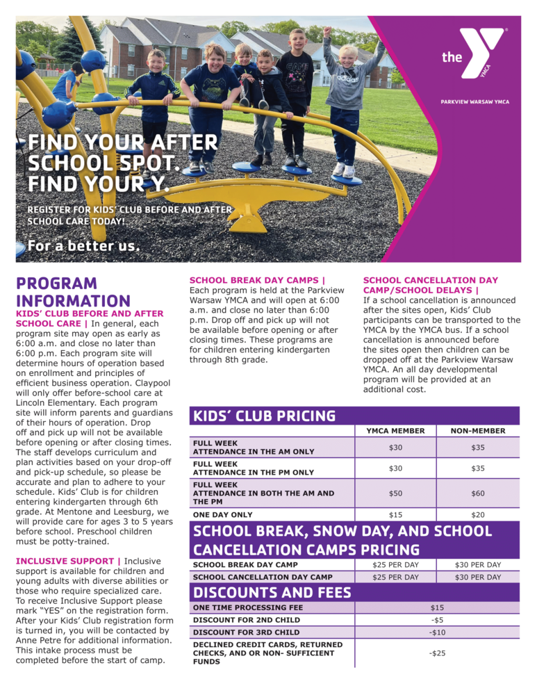 YMCA Kids' Club/ Before & After School Care. Click to Read. Claypool