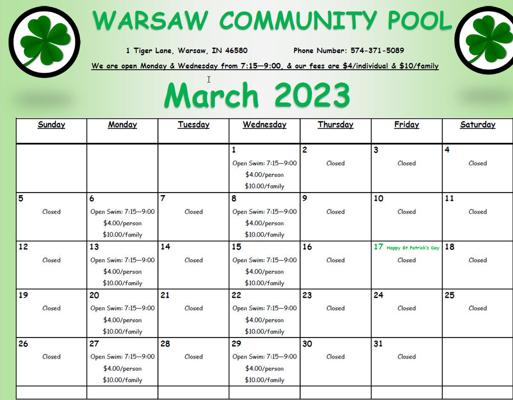 March Pool Calendar 
