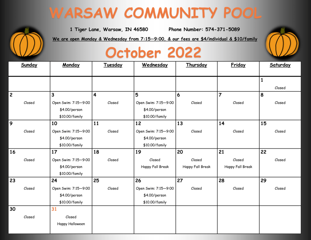 Pool Calendar October Warsaw Community Schools