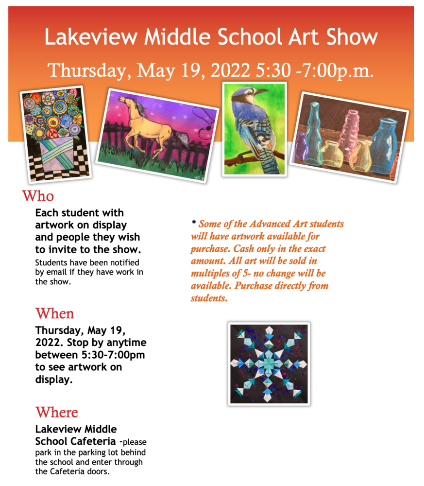 Lakeview Art Show And Fine Arts Spectacular, May 19 5:30-7:30 