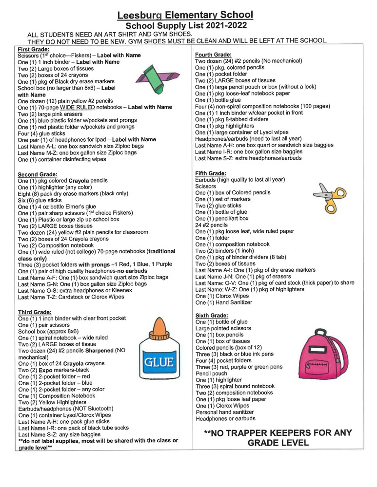 School Supply List 2021-2022 | Leesburg Elementary School