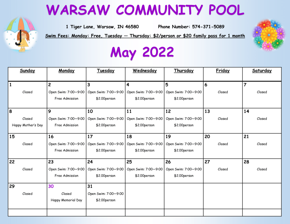 Pool Calendar May 2022 Jefferson Elementary School