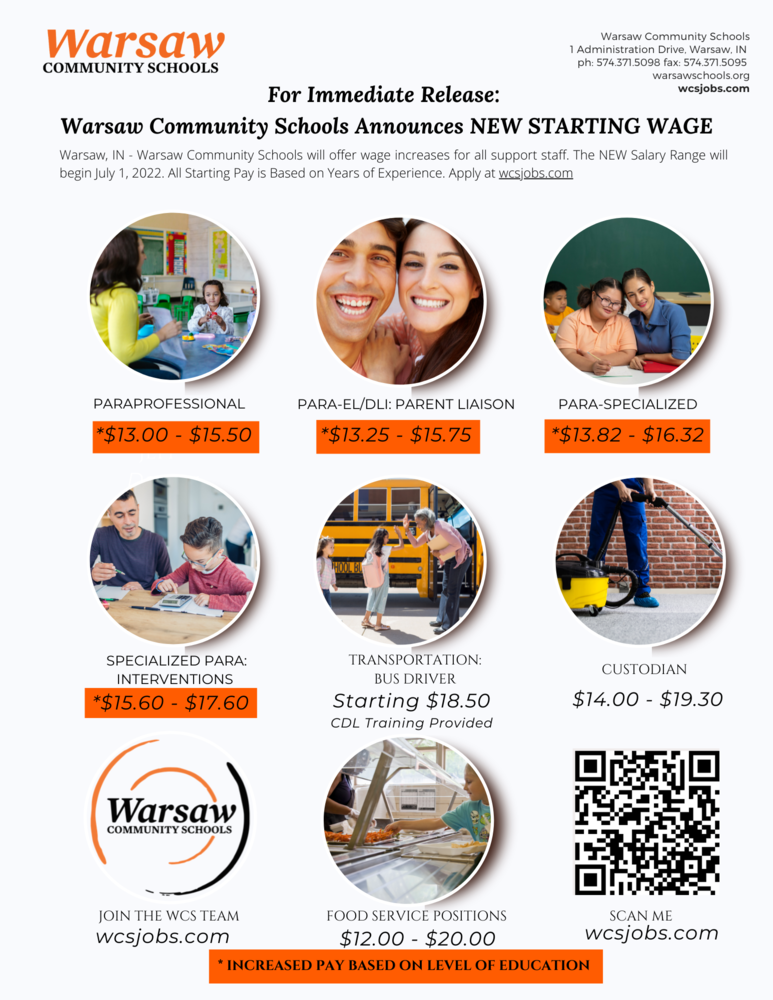 WCS Announces NEW STARTING WAGE. Click to read more. Warsaw Adult