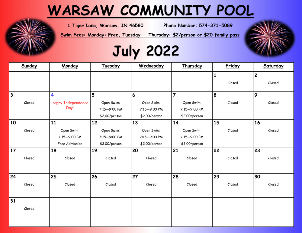 Community Pool July 2022 Calendar Madison Elementary School