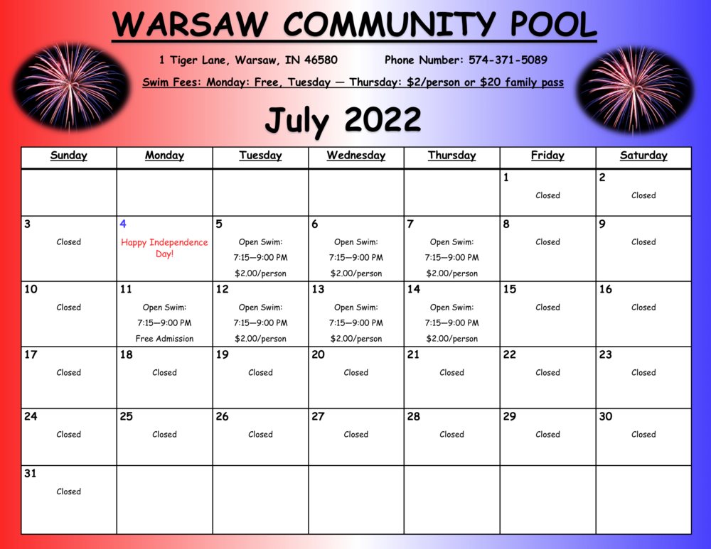 Community Pool July 2022 Calendar Jefferson Elementary School