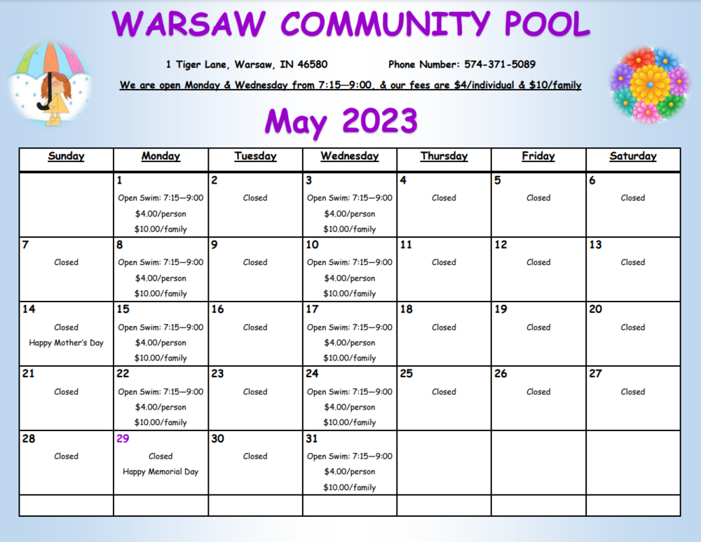 May Pool Calendar 