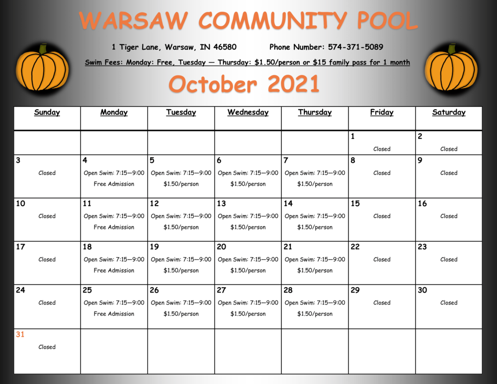 Pool Calendar October 2021