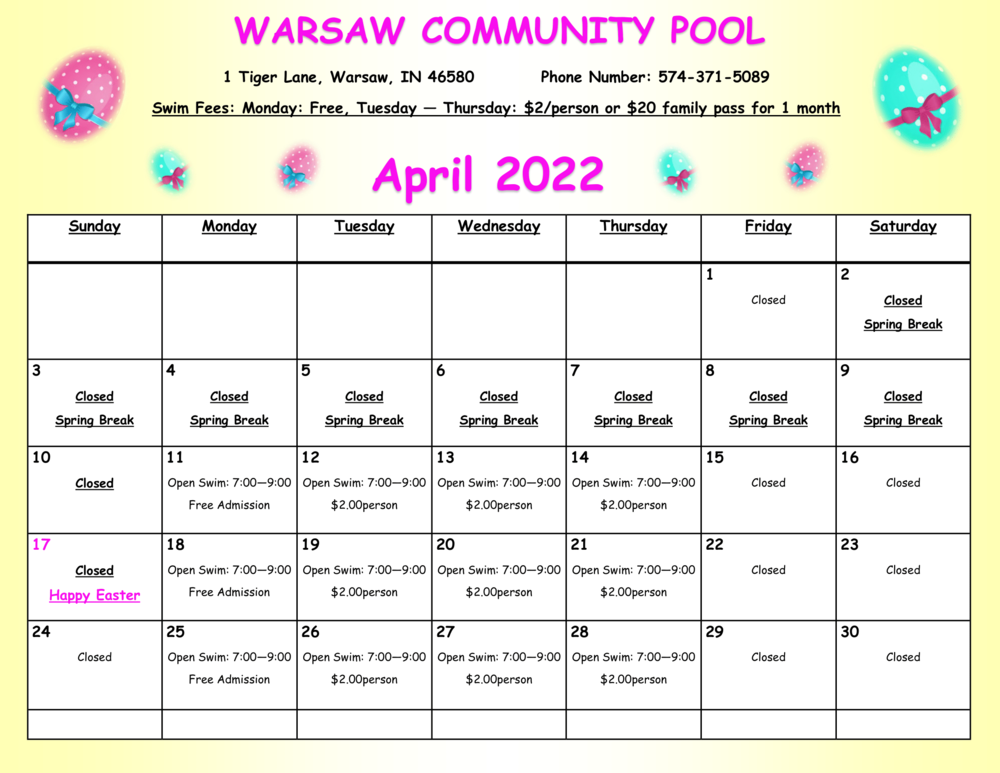 Pool Calendar: April 2022 Warsaw Community High School