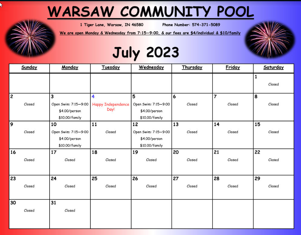 July Pool Calendar 