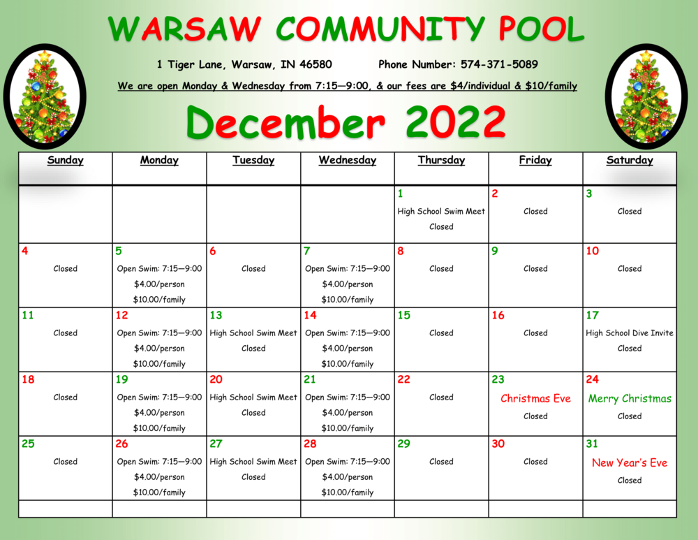 Warsaw Community Pool December Calendar Jefferson Elementary School