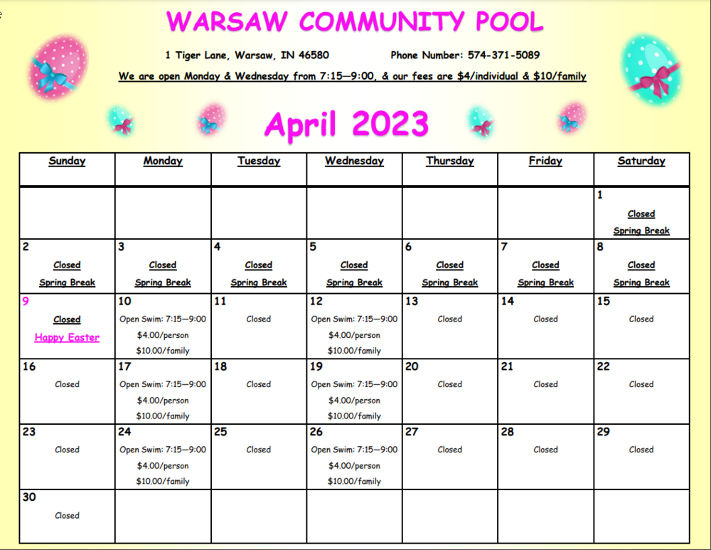 April Pool Calendar 