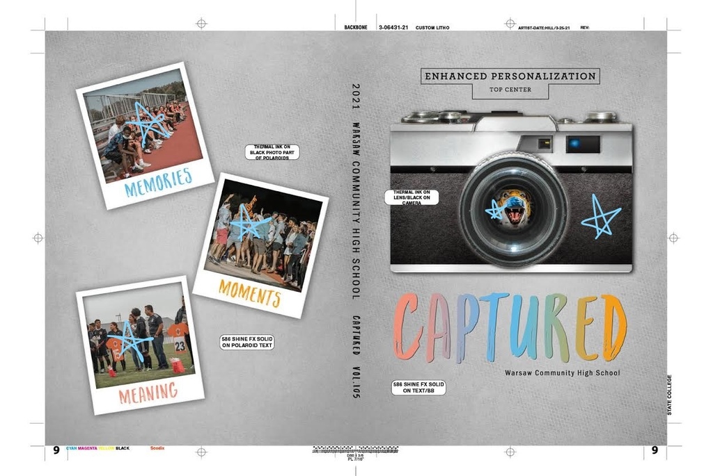 2020-2021 Yearbook cover! Polaroids, a camera, and fun colors illustrate this yearbook. The theme: CAPTURED