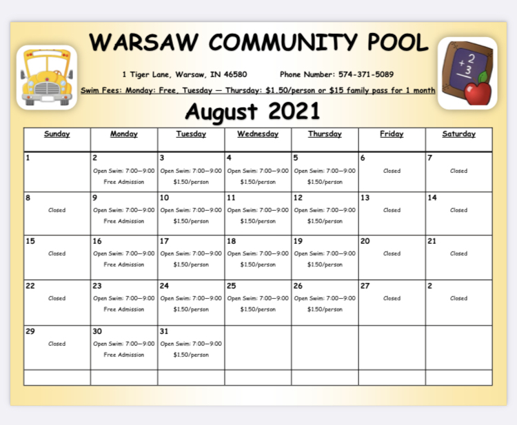 Community Pool Calendar August