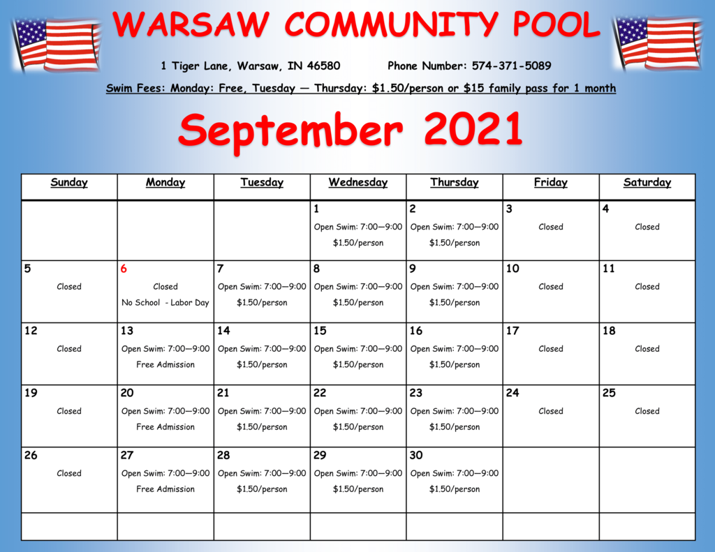 September Calendar Swim Pool WCHS