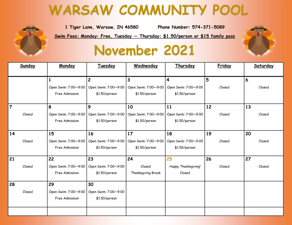 November Pool Calendar