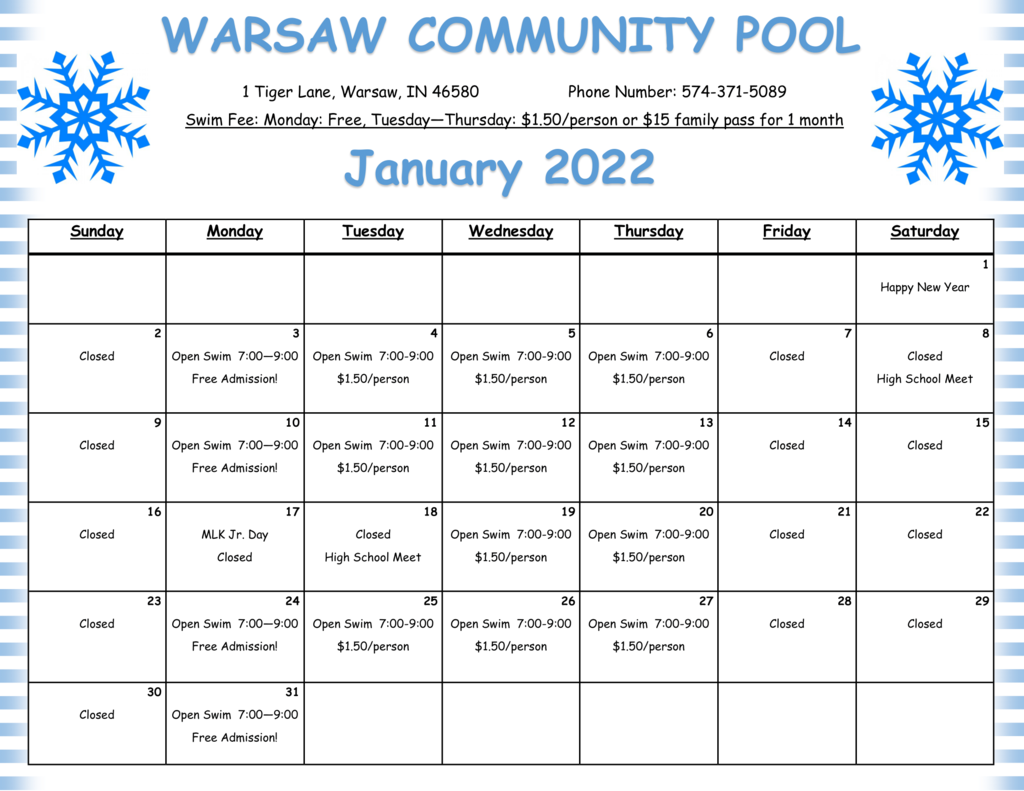 January 2022 Pool Schedule Calendar