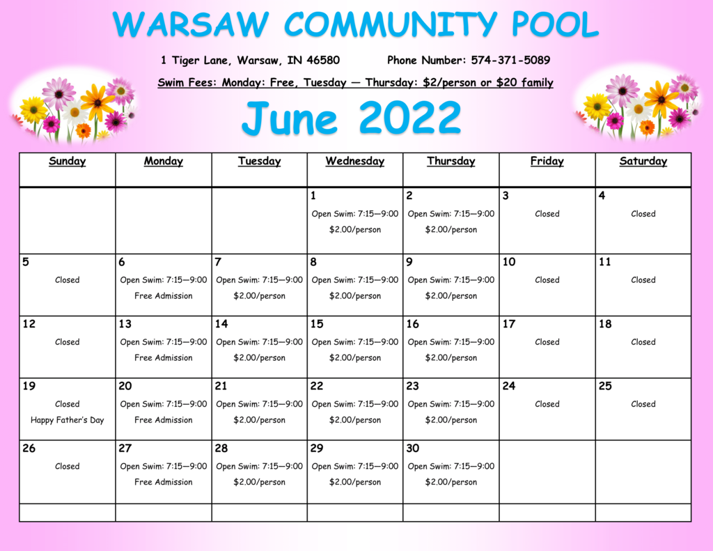 June Pool Calendar