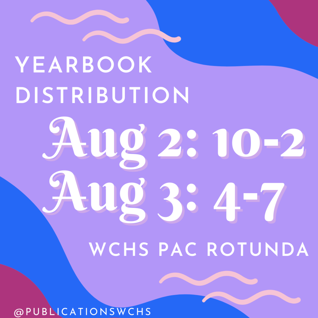 A flier for when to pick up your yearbook. 8/2 from 10-2, 8/3 from 4-7