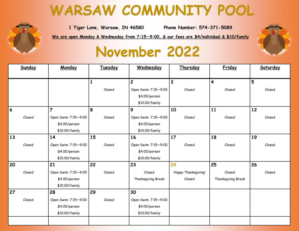 Pool Calendar November 2022