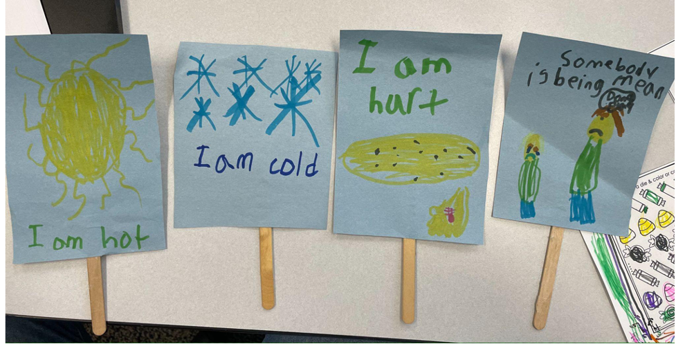 I am hot, I am cold, I am hurt, and somebody is being mean are the four communication tools the student made for his peer. 