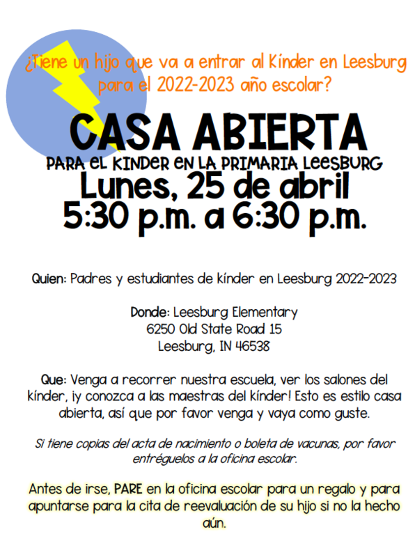 Kindergarten Open House April 25th Leesburg Elementary School